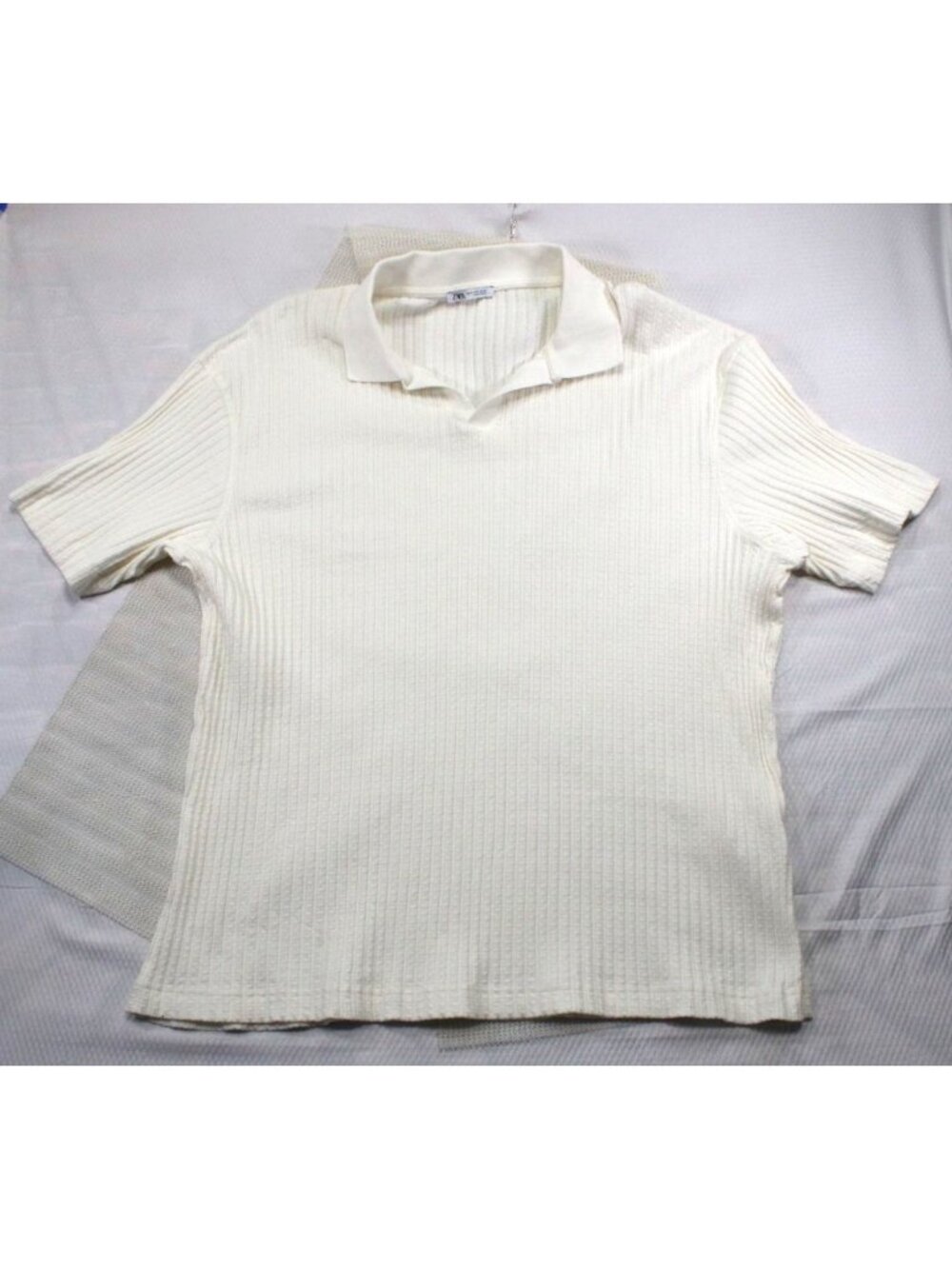 Zara Ribbed Knit Polo‎ Shirt XL Cream Cotton Blend Short Sleeve